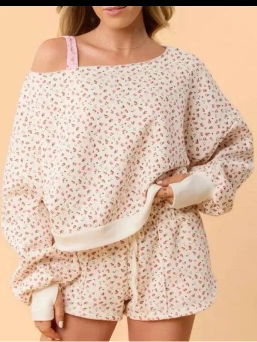 BLOGILATES ❤️❤️Cozy Floral Off-Shoulder Sweatshirt - Light Pink